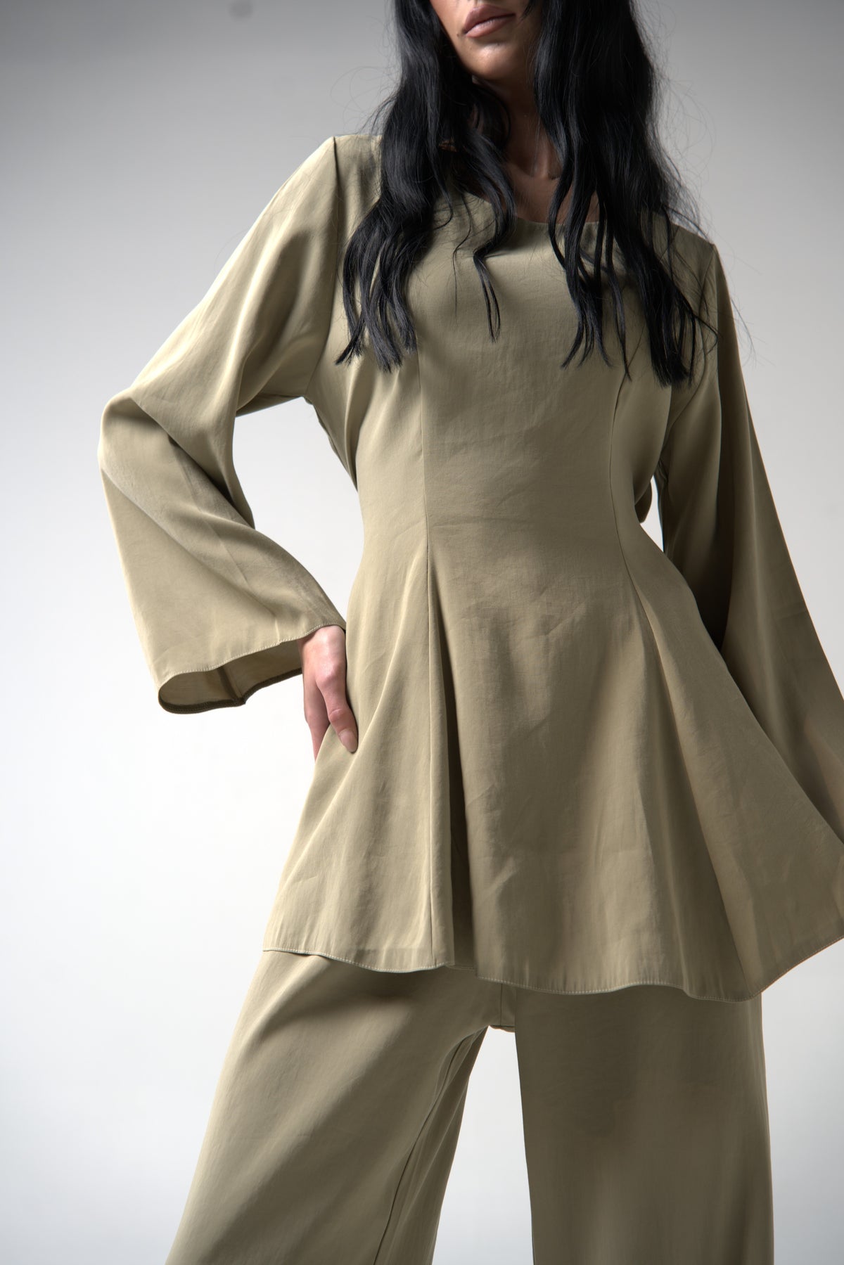Pleated Peplum & Bell-Sleeve Set