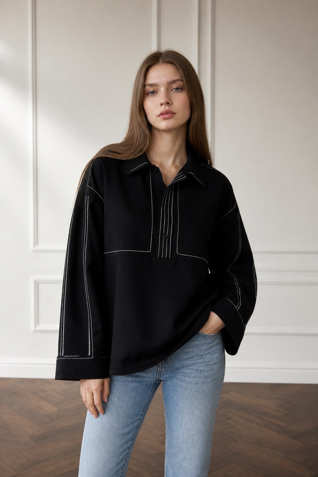 Monroe Contrast Stitch Oversized Shirt – Black