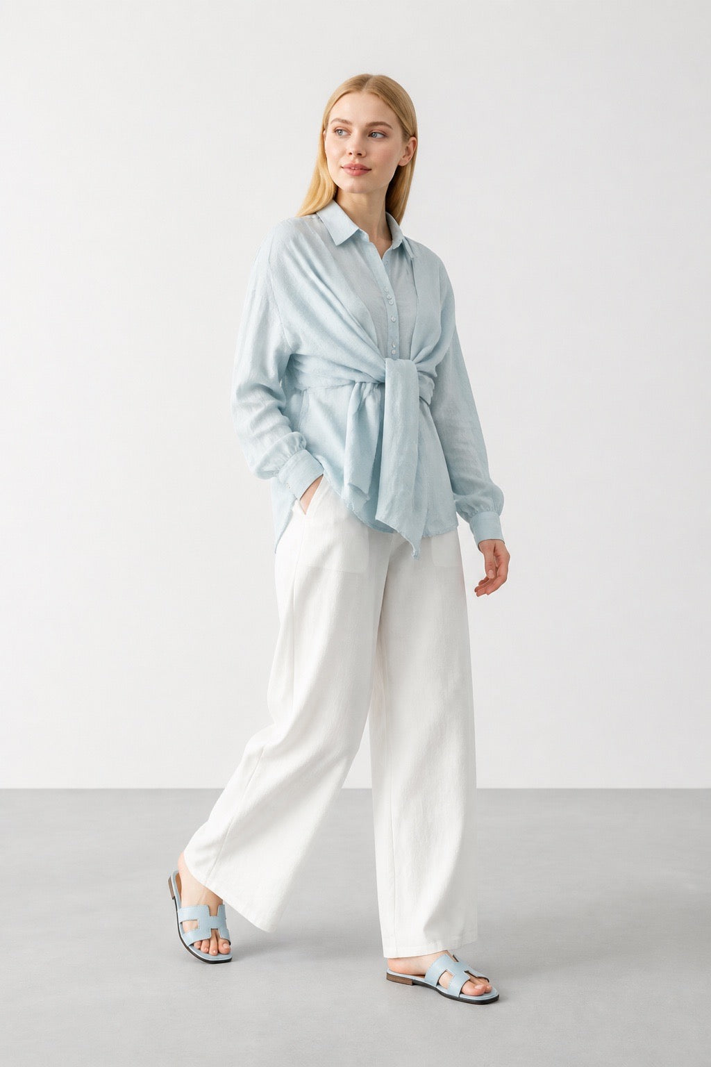 Soft Blue Linen Knot Shirt