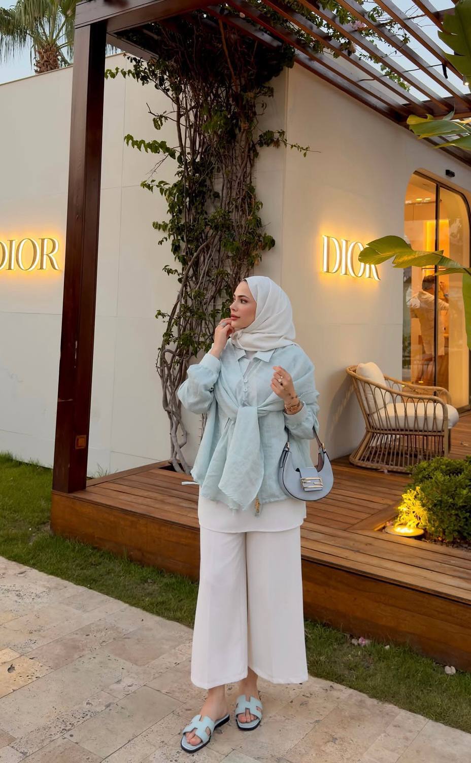 Soft Blue Linen Set - Seated side view