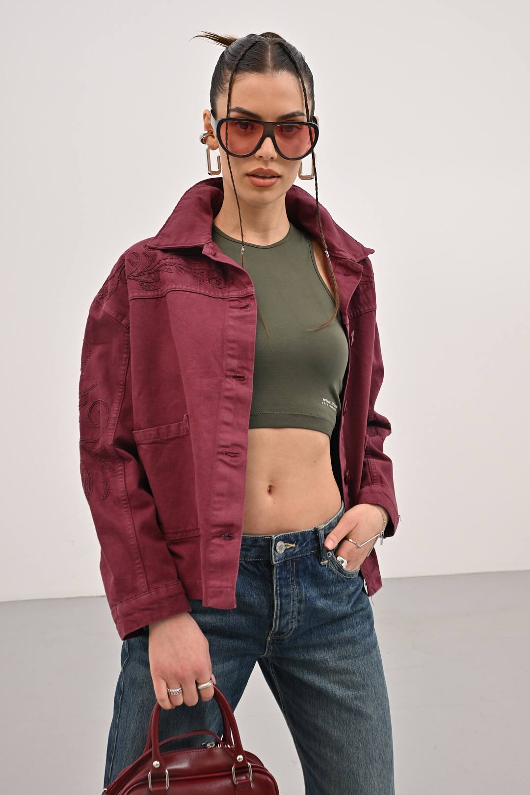 Burgundy Bloom Jacket - Open front view