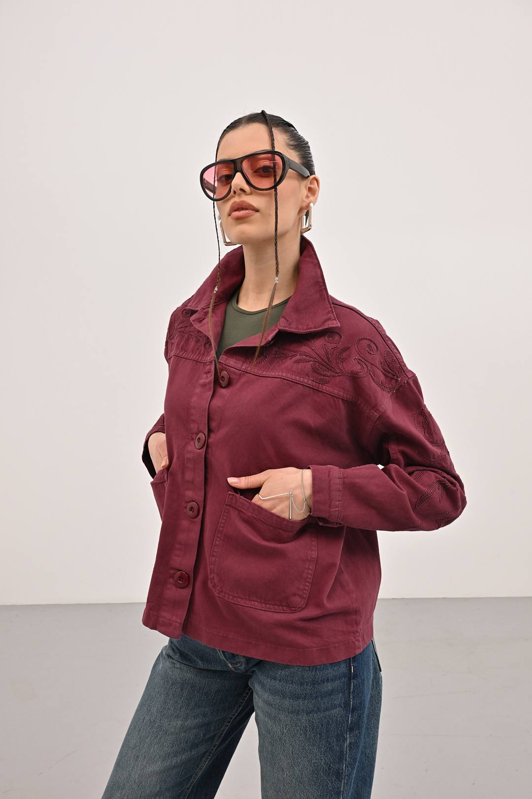 Burgundy Bloom Jacket - Front buttoned view