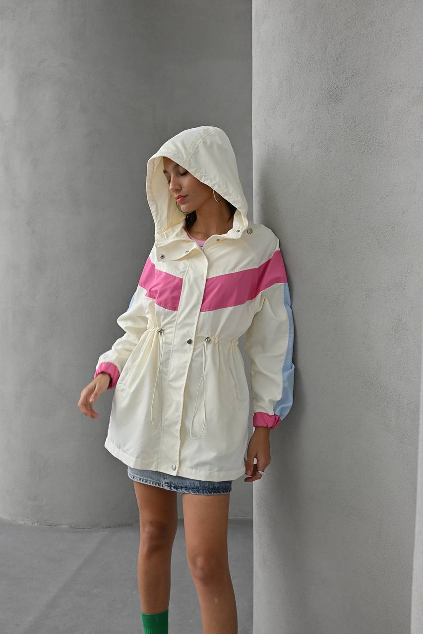 Color-Block Drawstring Parka - Hood up side view