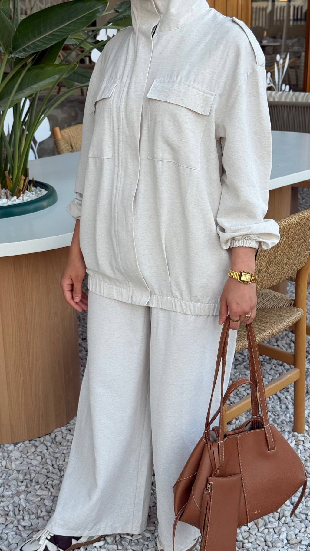 Sahara Luxe Utility Jacket – Beige styled look
