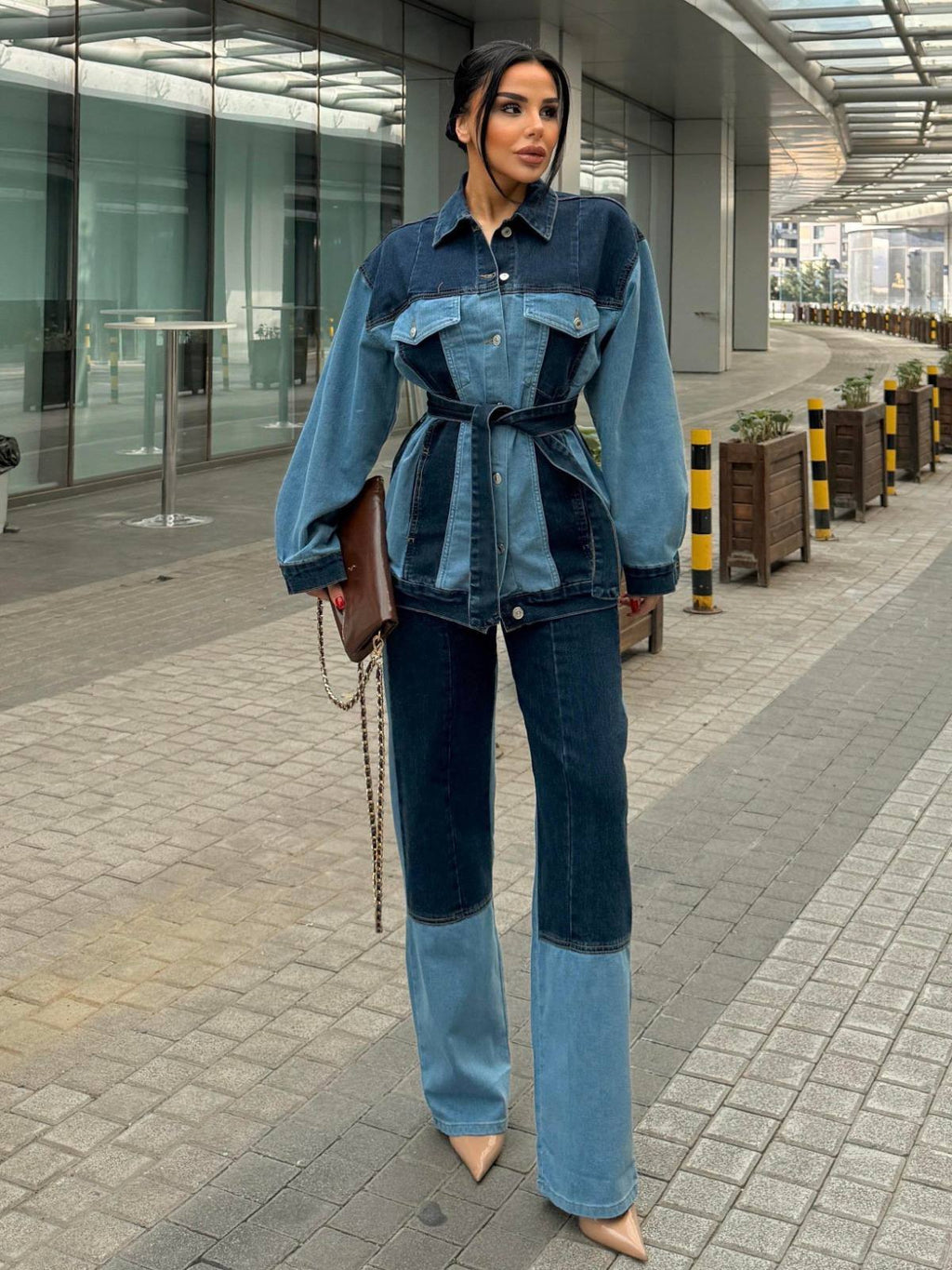 The Two-Tone Denim Belted Set - Front view 2