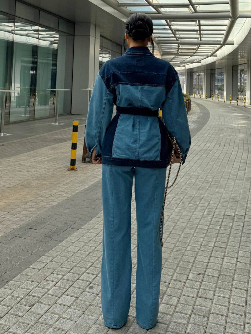 The Two-Tone Denim Belted Set - Back view