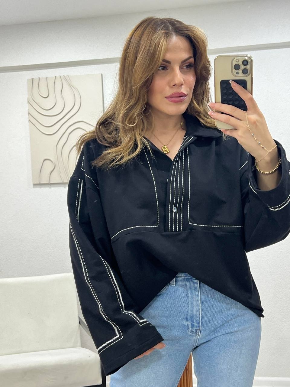Monroe Contrast Stitch Oversized Shirt – Black detail view