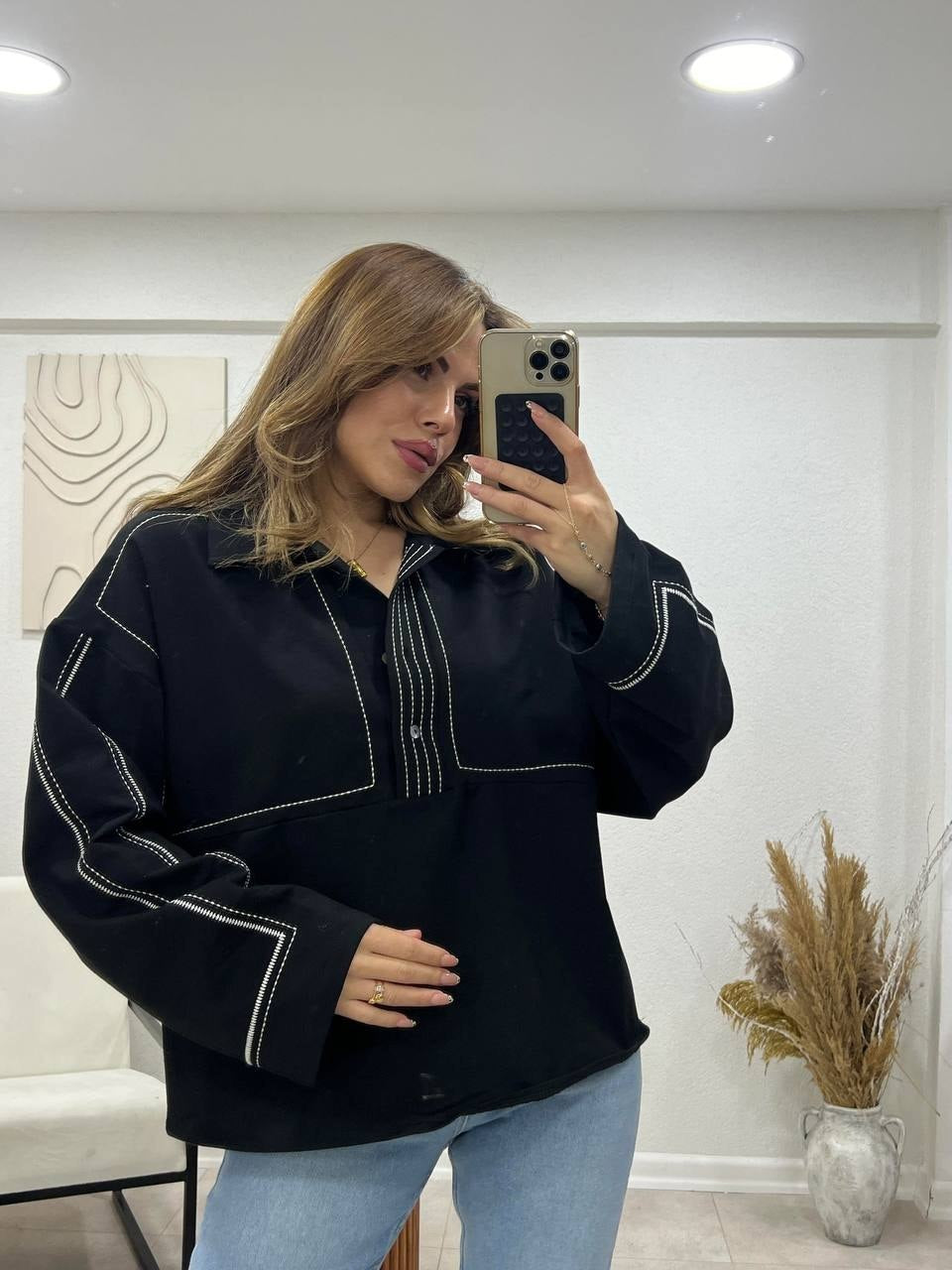 Monroe Contrast Stitch Oversized Shirt – Black front view