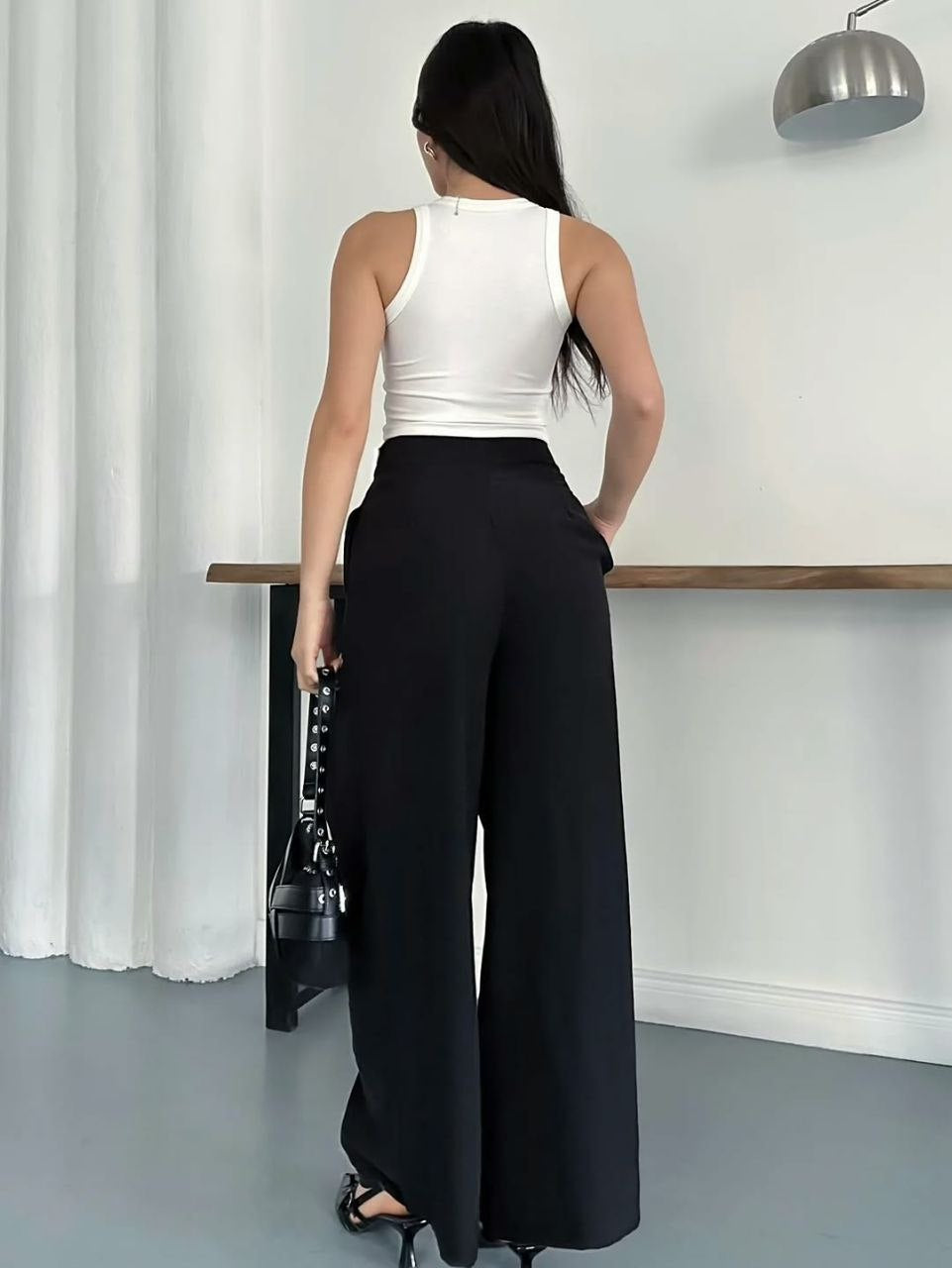 Overlap Pleat Wide-Leg Trousers - Back full length studio