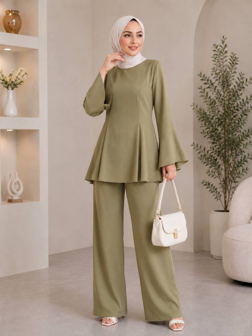 Pleated Peplum & Bell-Sleeve Set - Olive green full length