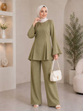 Pleated Peplum & Bell-Sleeve Set - Olive green full length