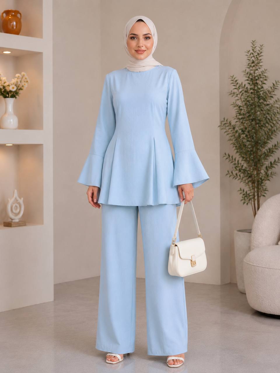 Pleated Peplum & Bell-Sleeve Set - Sky blue full length