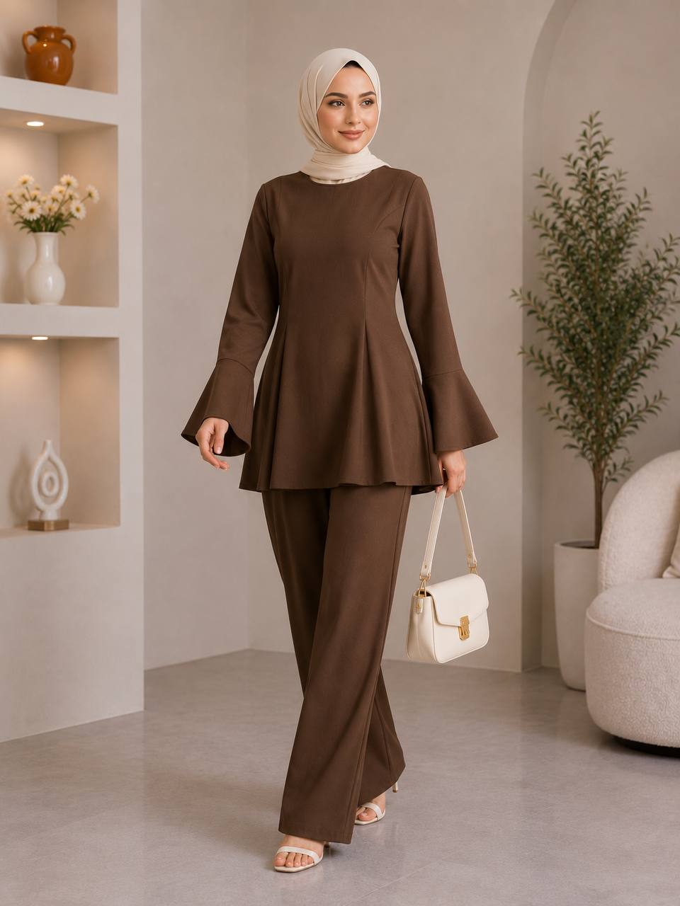 Pleated Peplum & Bell-Sleeve Set - Brown full length