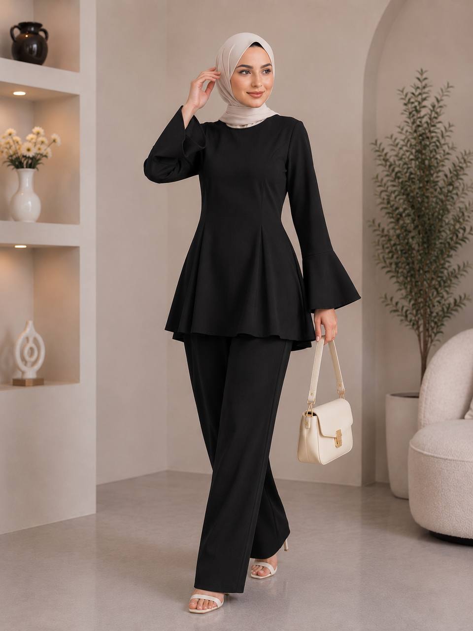 Pleated Peplum & Bell-Sleeve Set - Black full length