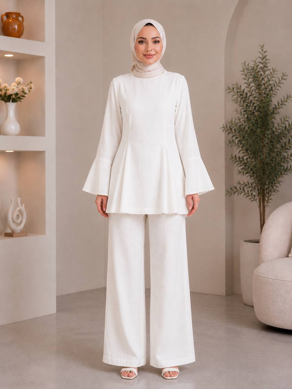 Pleated Peplum & Bell-Sleeve Set - White full length