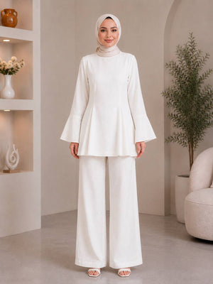 Pleated Peplum & Bell-Sleeve Set - White full length