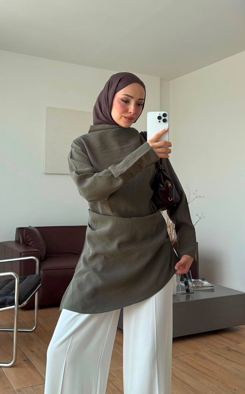 The Draped High-Neck Tunic - Olive mirror selfie