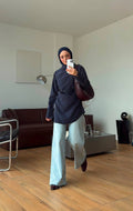 The Draped High-Neck Tunic - Navy mirror selfie