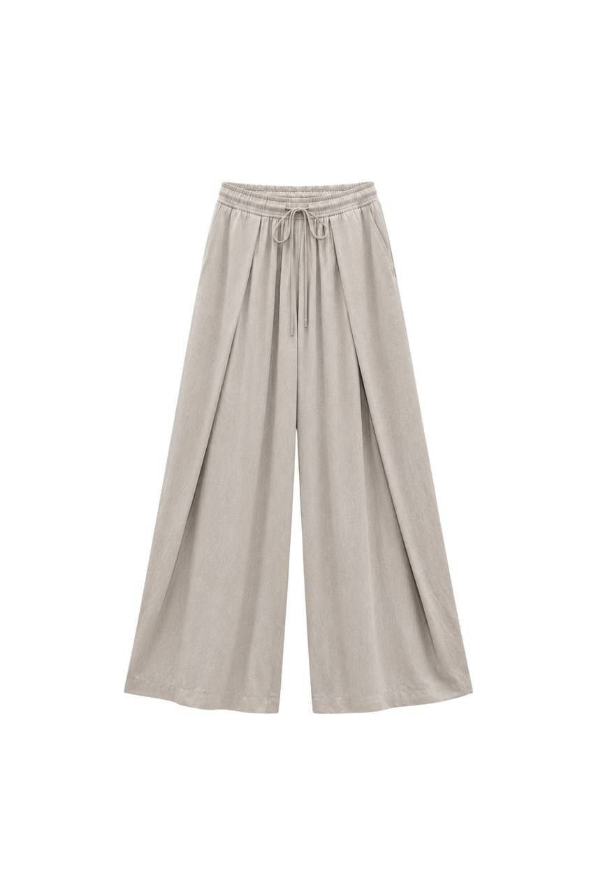 Drawstring Pleated Wide Pants - Beige flat lay