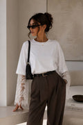 Lace-Sleeve Overlay Tee - White model close-up