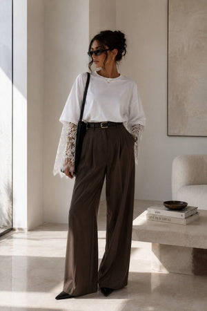 Lace-Sleeve Overlay Tee - White model full length