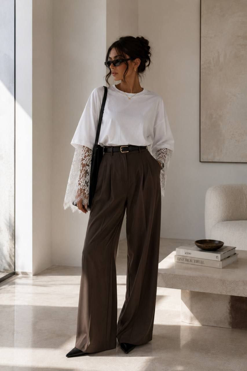 Lace-Sleeve Overlay Tee - White model full length
