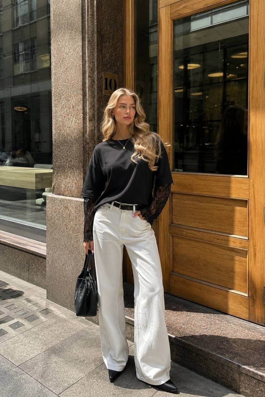 Lace-Sleeve Overlay Tee - Black model street style