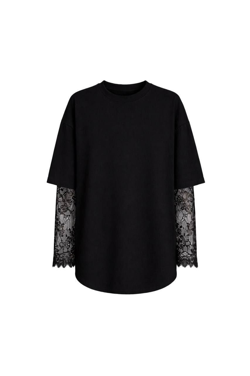 Lace-Sleeve Overlay Tee - Black flat lay