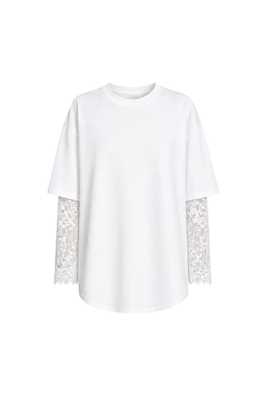 Lace-Sleeve Overlay Tee - White flat lay