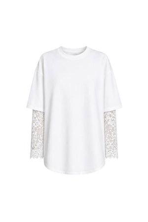 Lace-Sleeve Overlay Tee - White flat lay