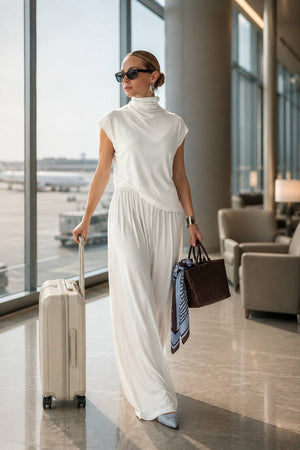 Amélie Flow Set - White airport lounge full length with luggage and sunglasses