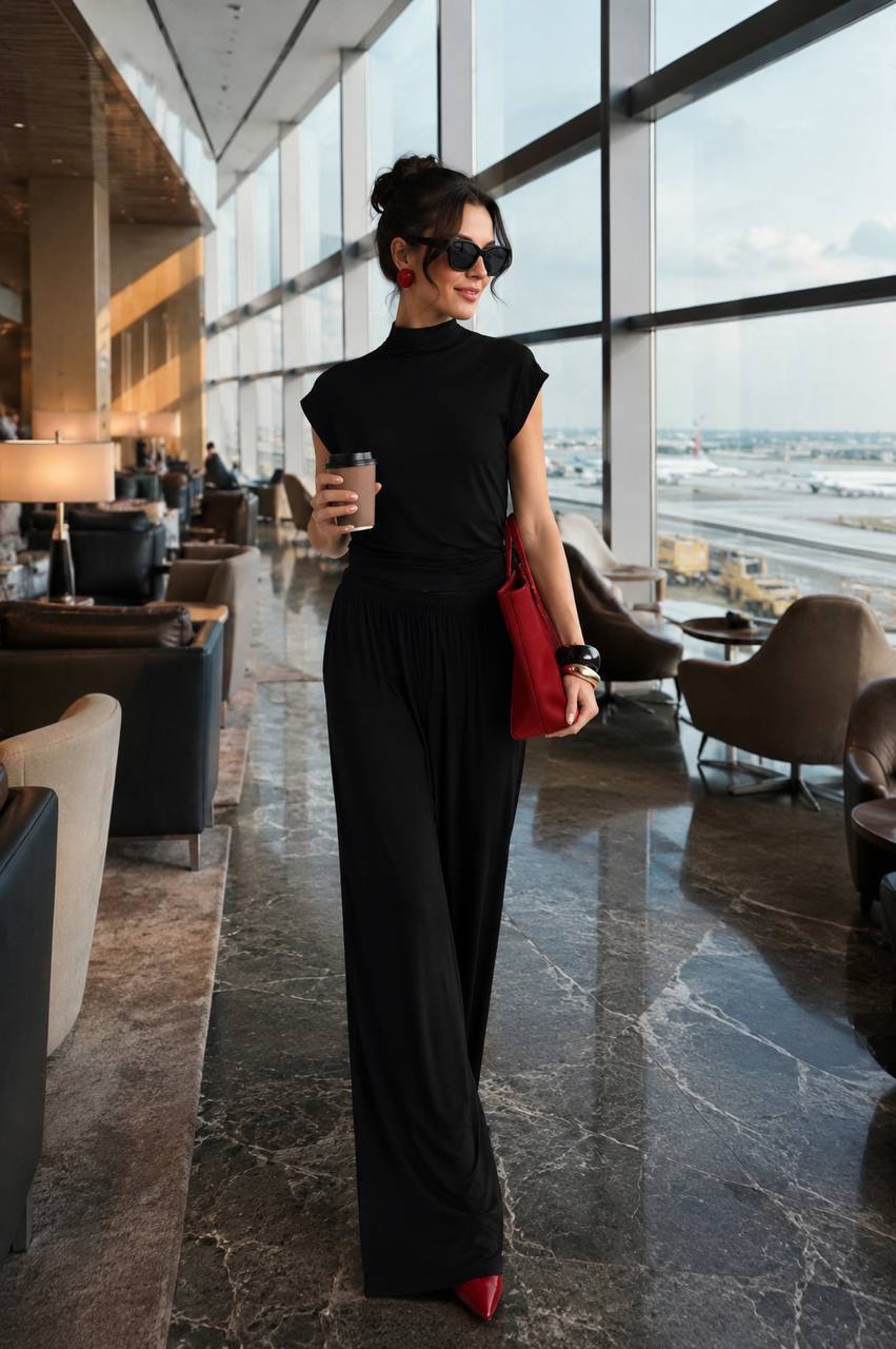 Amélie Flow Set - Black airport lounge back view with red bag and sunglasses