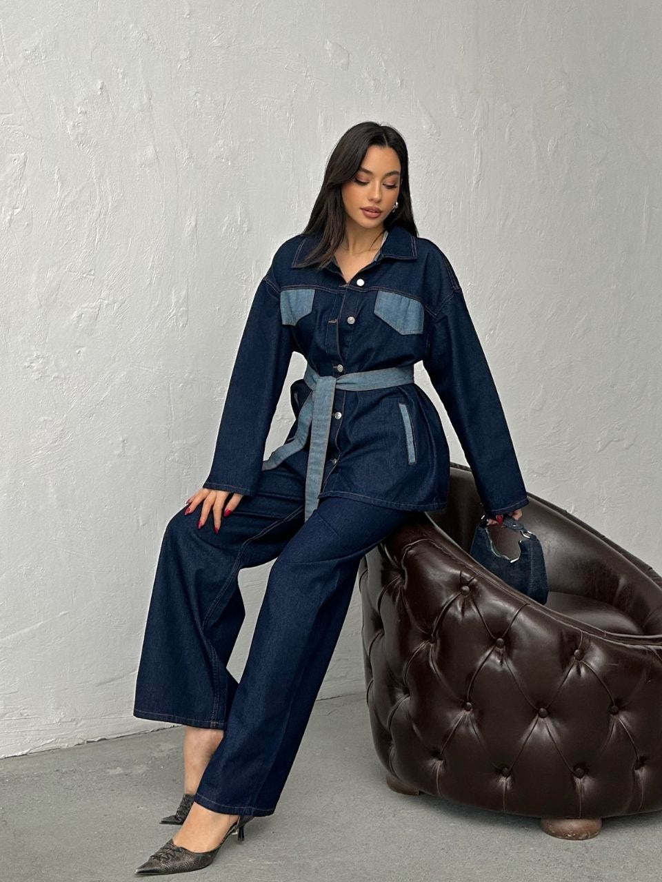 The Alessia Denim Set - Seated editorial pose
