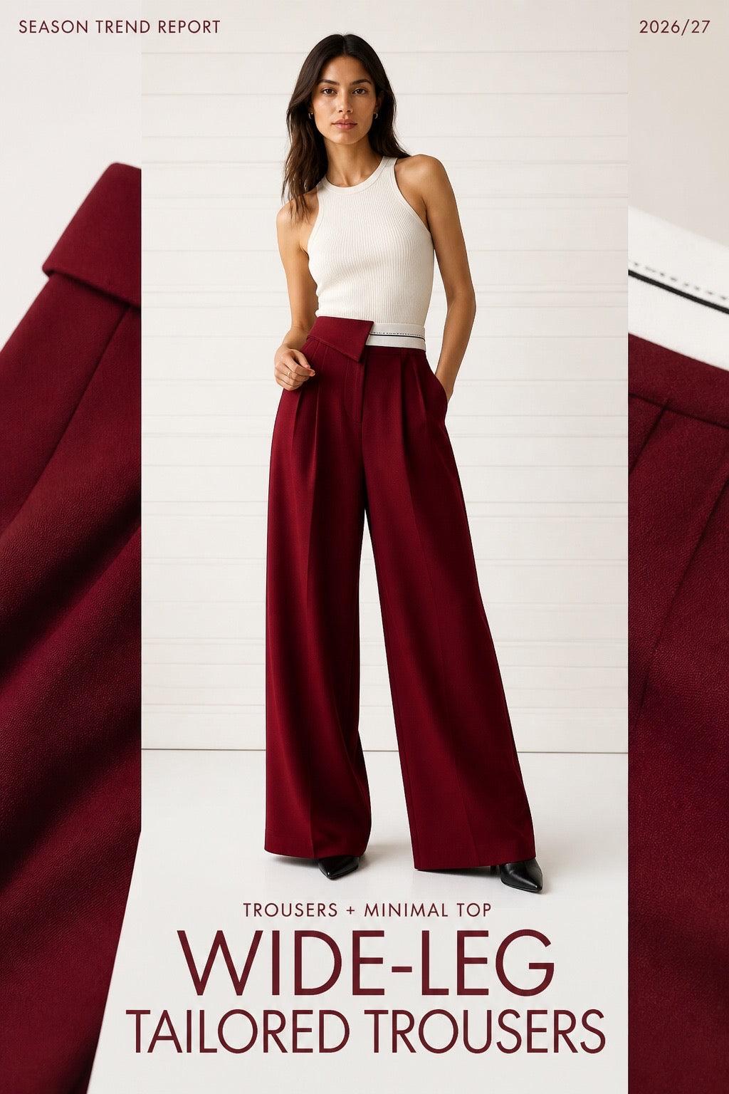 Wine Fold-Waist Wide Pants - Front View