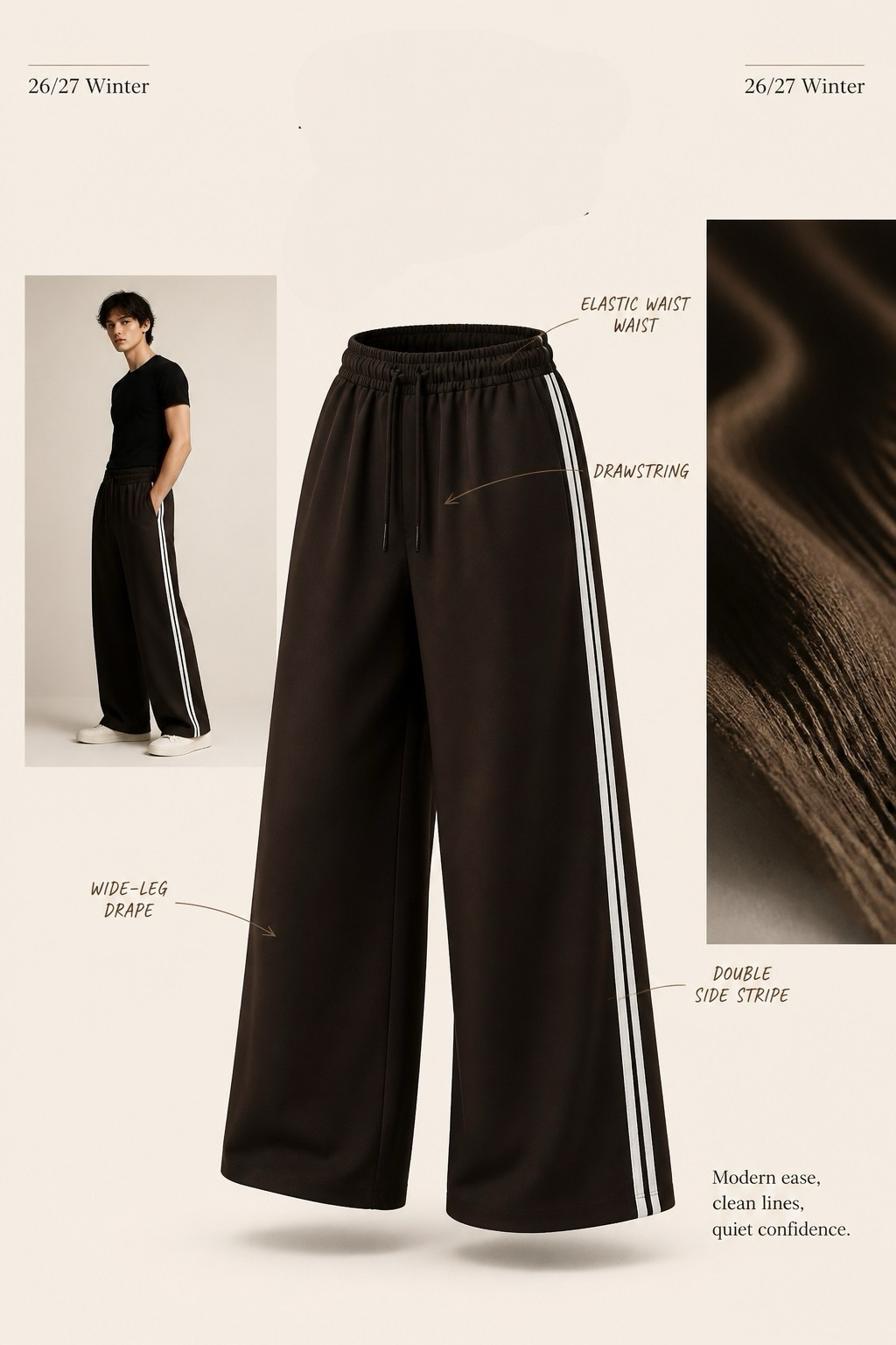 Double Stripe Espresso Wide Pants - Detail view