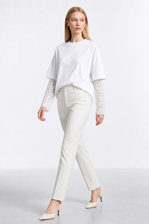 Lace-Sleeve Overlay Tee - White studio model full length