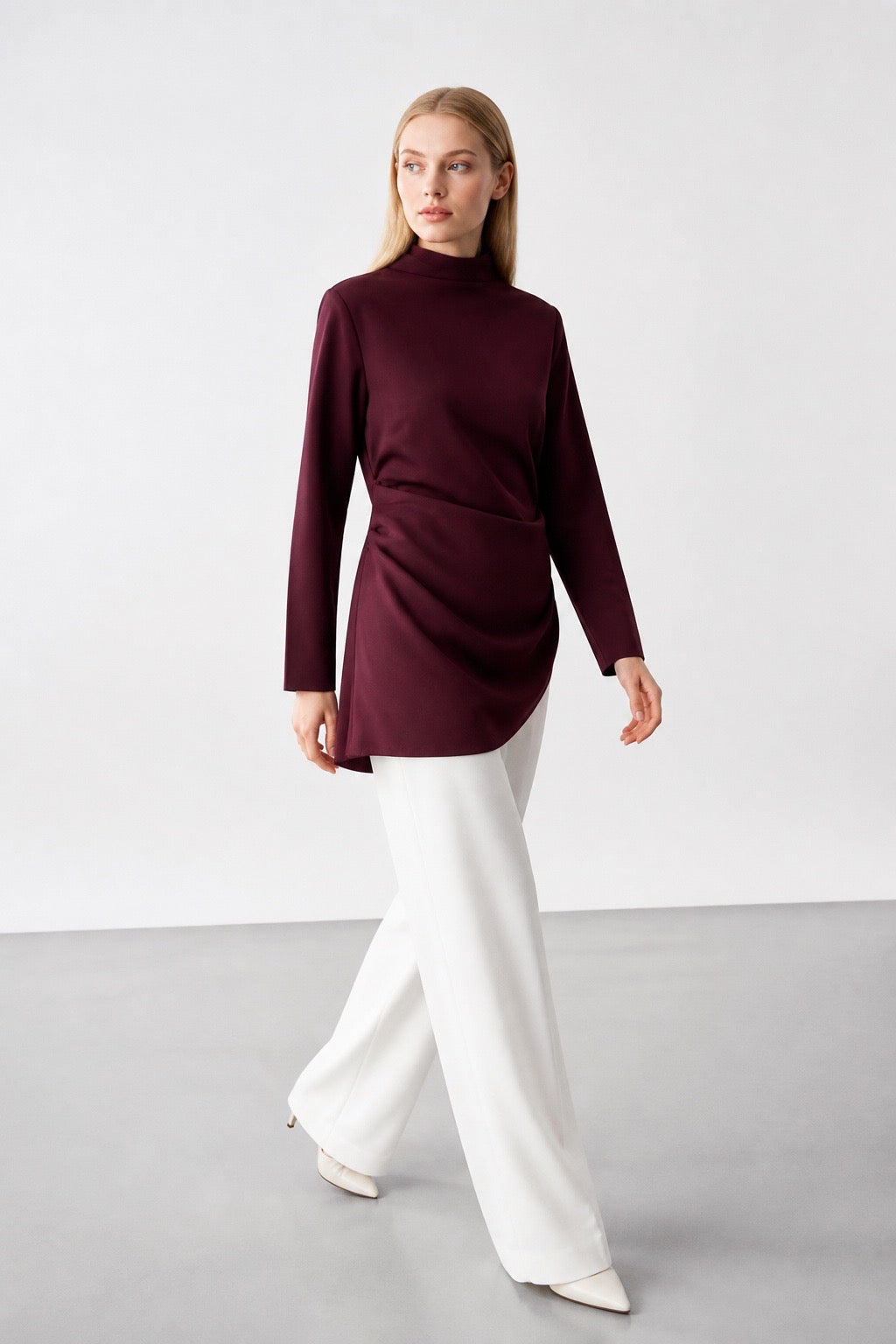 The Draped High-Neck Tunic - Burgundy studio shot