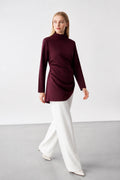 The Draped High-Neck Tunic - Burgundy studio shot
