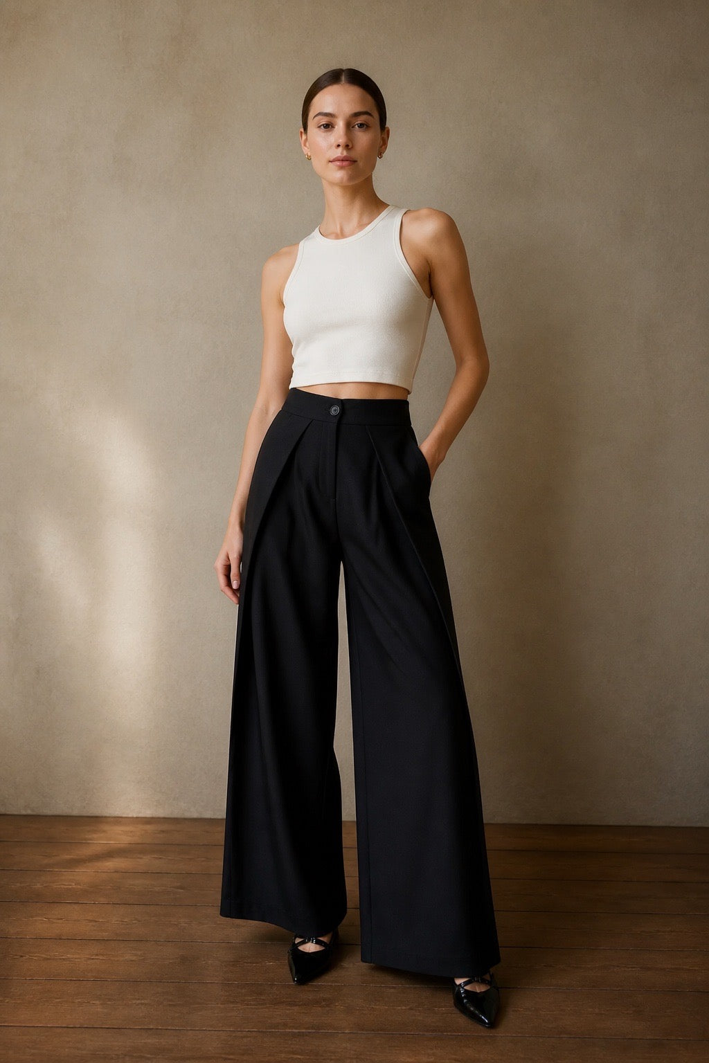 Overlap Pleat Wide-Leg Trousers - Editorial full length warm background