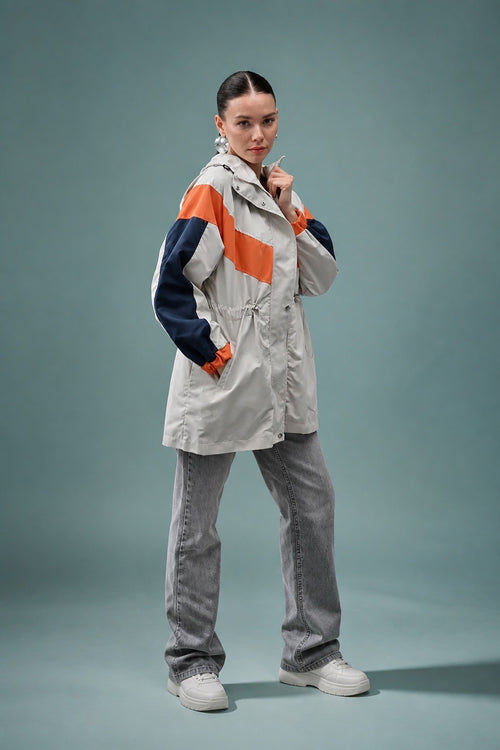 Orange & Navy Block Parka - Front studio full length