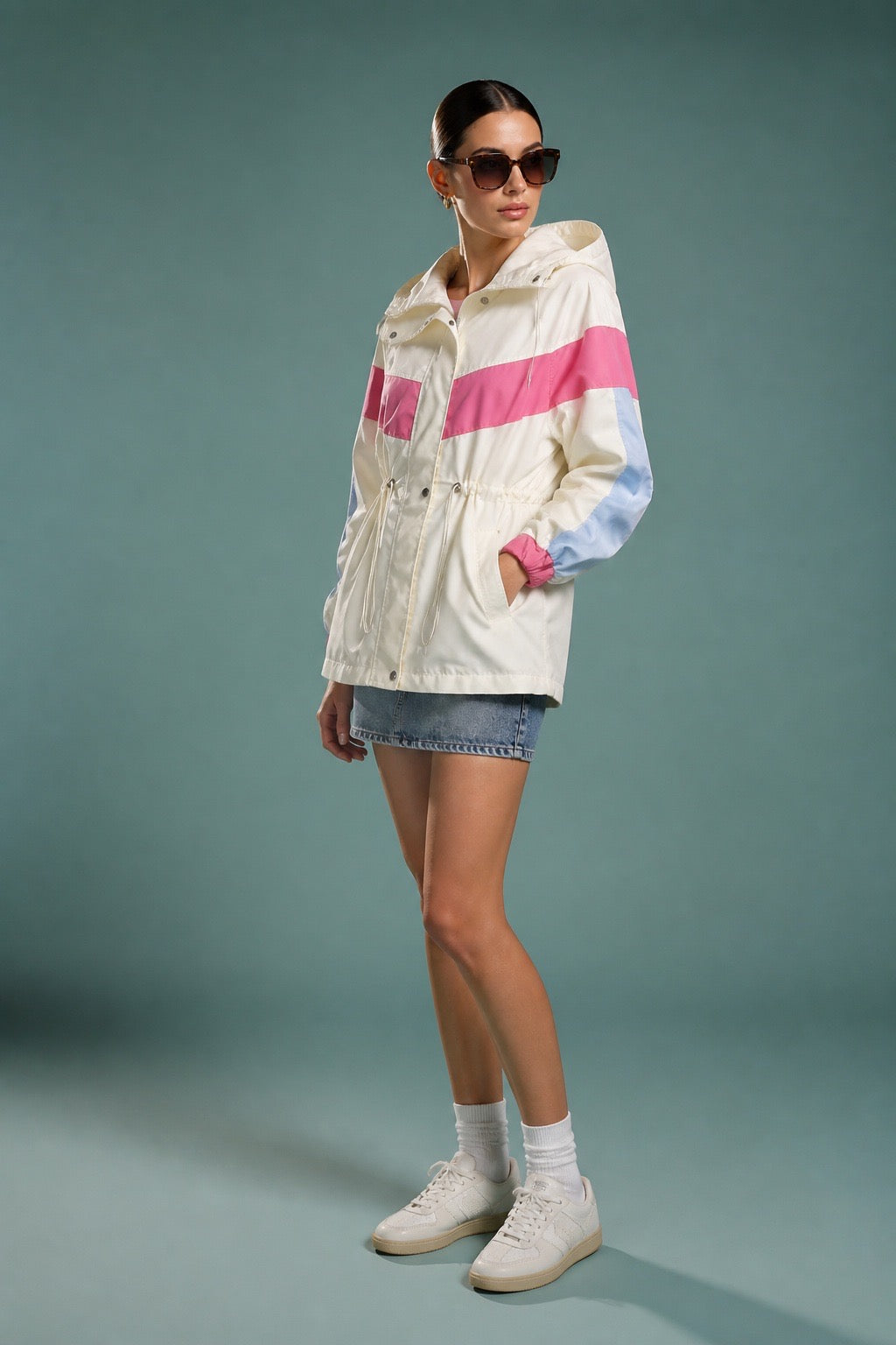Color-Block Drawstring Parka - Full length studio shot