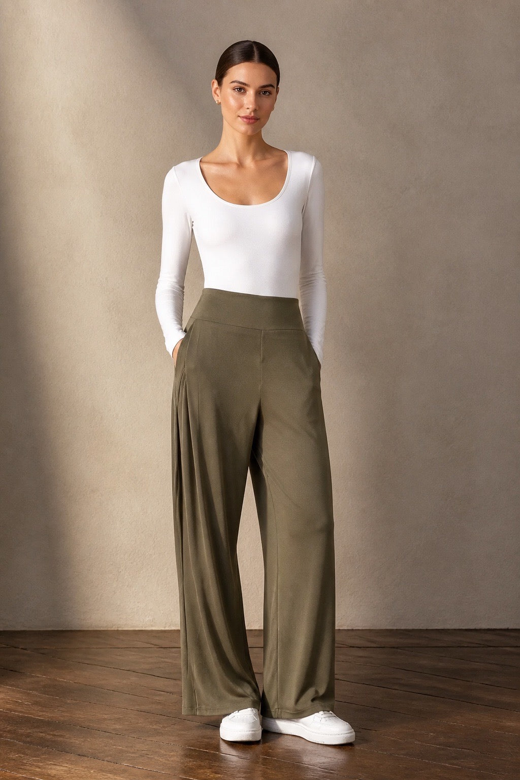 Side-Pleat Fluid Wide Pants - Olive full length model