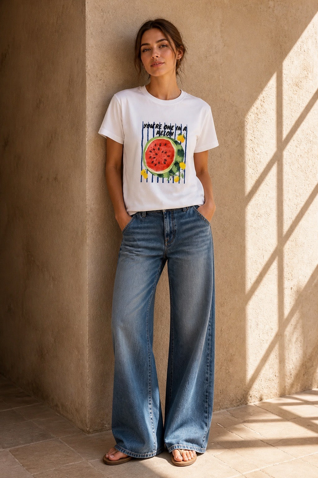 The One in a Melon Tee - Model wearing with wide-leg jeans