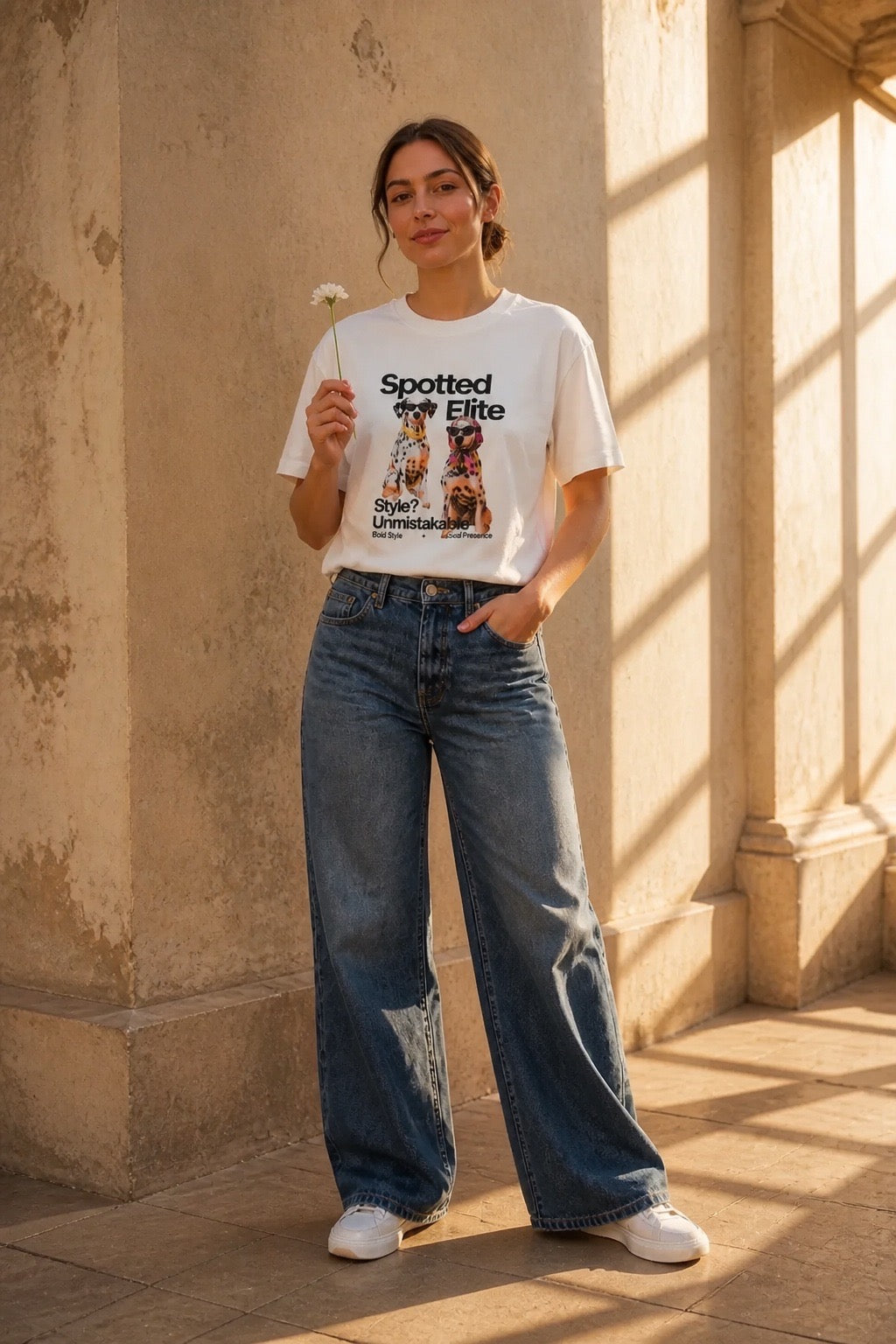 The Spotted Elite Tee - Model wearing with wide-leg jeans golden hour
