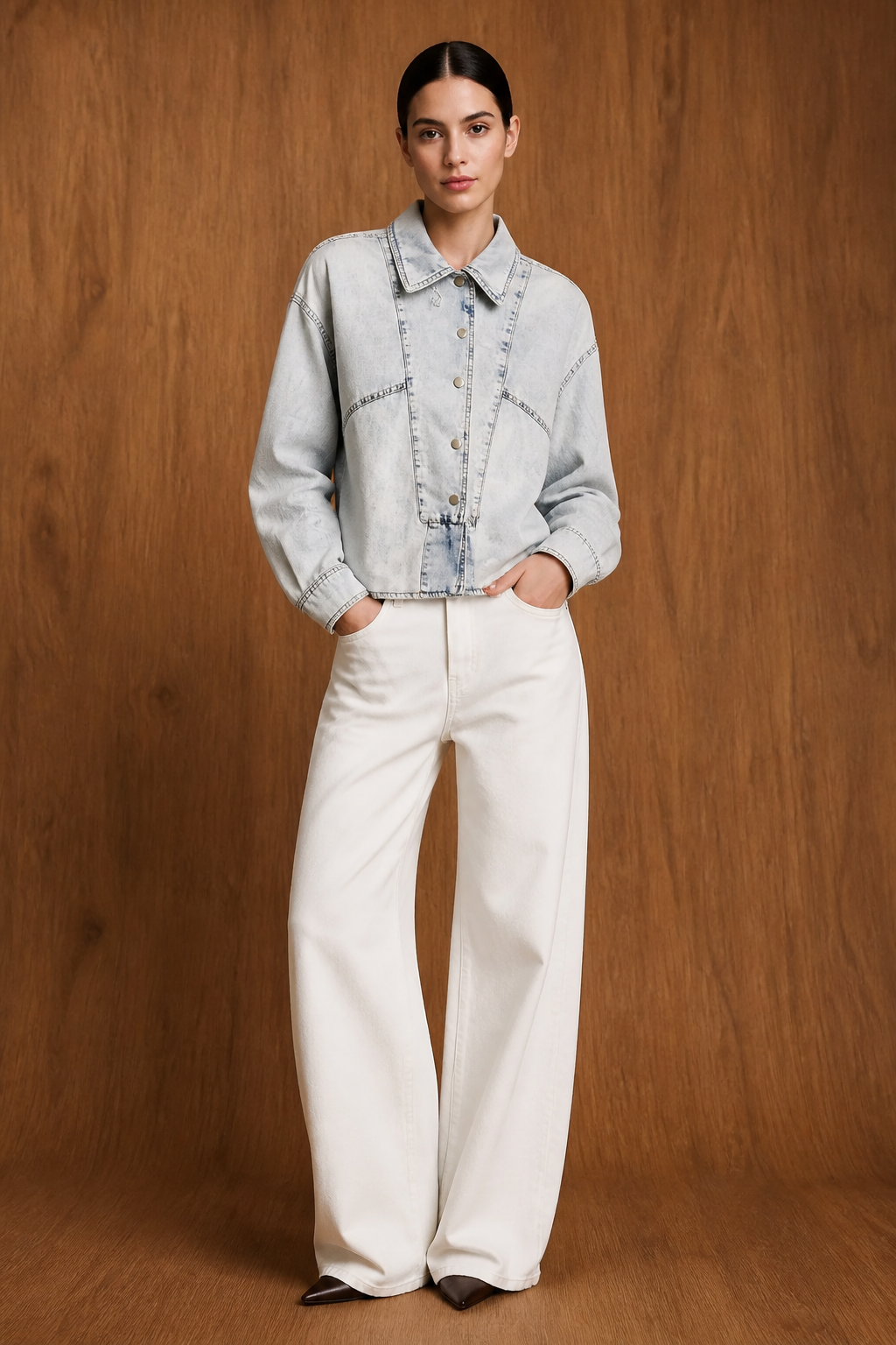 The Amara Denim Shirt - Front full length with white wide-leg trousers