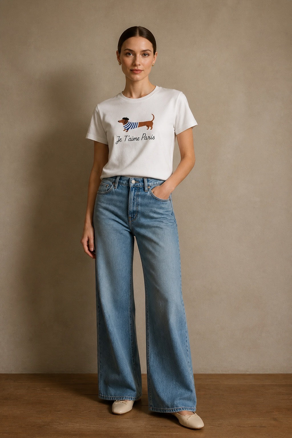 The Je T'aime Paris Tee - Model wearing with wide-leg jeans