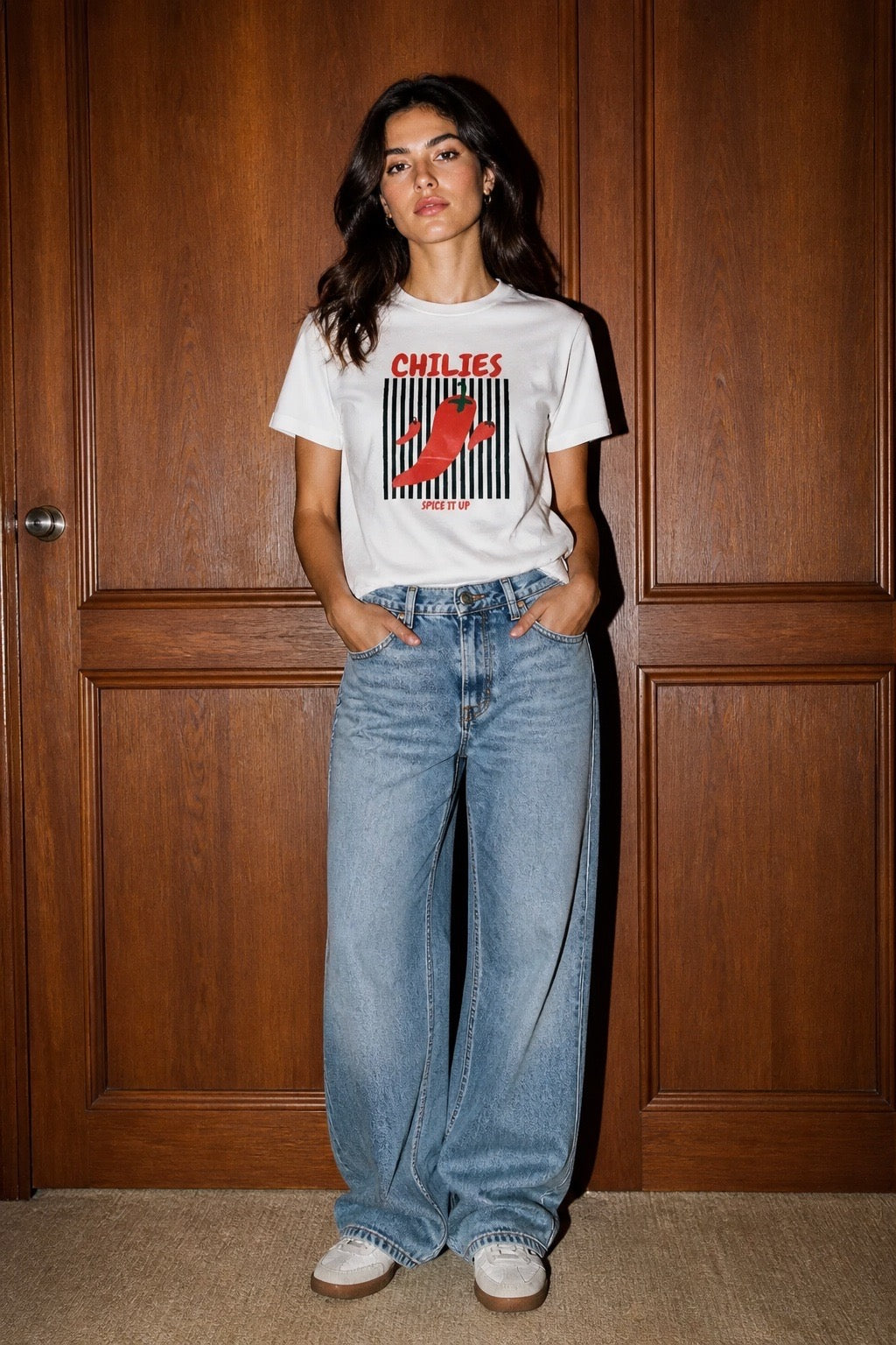 The Spice It Up Tee - Model wearing with wide-leg jeans